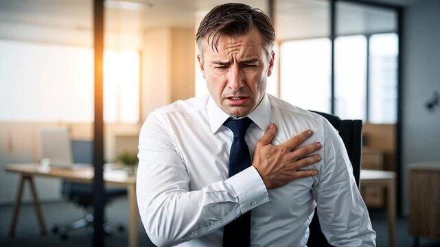 Adult man holding his hand to his heart having an attack in the office

