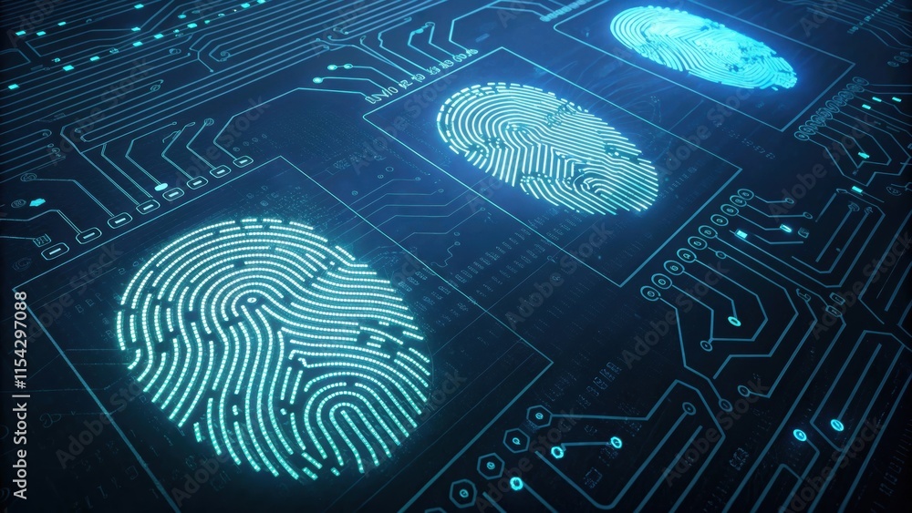 Poster glowing digital fingerprints representing biometric identification and cybersecurity are displayed o