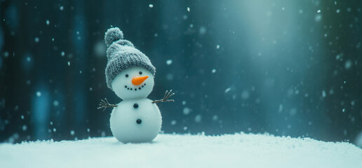 Obraz premium A snowman with a knitted hat and a carrot nose smiles against a backdrop of gently falling snow. The winter scene is serene and evokes a sense of joy and nostalgia.