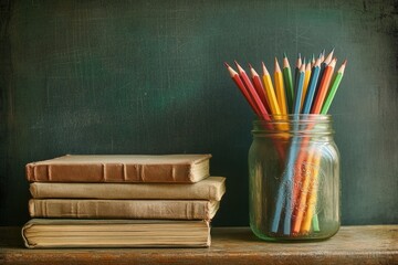 Vintage styled composition featuring stacked old books and a glass jar filled with colorful pencils against a textured green chalkboard background