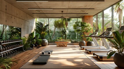 Fototapeta premium Gym interior with eco-friendly materials, natural ventilation, and indoor plants