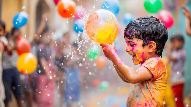 A joyful child, covered in vibrant Holi colors, bursts a water balloon amidst a lively festival celebration. Water splashes add to the energetic scene. - Powered by Adobe