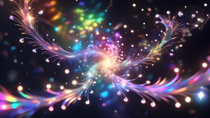 Fototapeta premium Gorgeous shimmering light on a dark backdrop, A dark background with the appearance of prism light bokeh lens flare overlay, dazzling multicolored lights, sunlight refraction, Bright lights in the dar