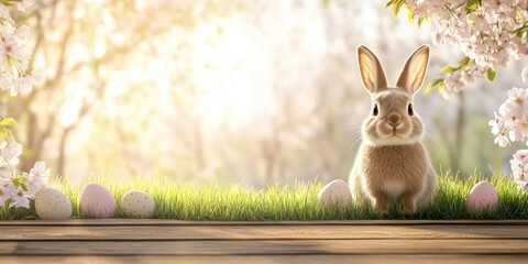 A charming Easter scene featuring a fluffy rabbit nestled among a variety of colorful eggs and blooming flowers in a serene garden, beautifully symbolizing joy and the renewal of the spring season