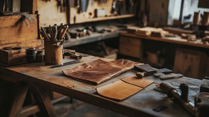 An orderly leatherworking bench in a traditional workshop, Leather pieces and tools systematically set up, Classic craftsmanship style