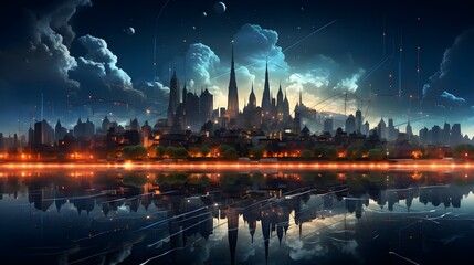 Futuristic city skyline of algorithmic architecture illuminated by neon lights - Generative AI.