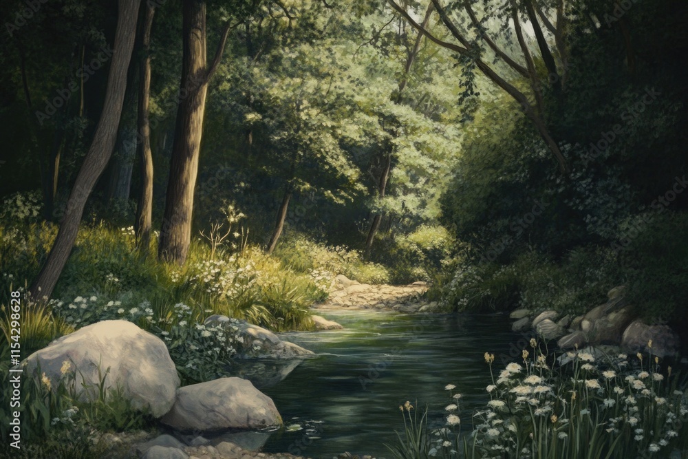 Poster a serene scene with a stream flowing through the forest, surrounded by trees and foliage
