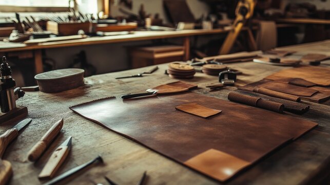 An orderly leatherworking bench in a traditional workshop, Leather pieces and tools systematically set up, Classic craftsmanship style
