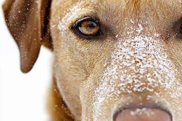 Vizsla after winter hunt, snow-covered face