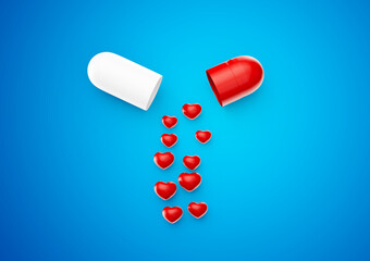 An Open Red And White Glossy Capsule With Minimal Heart Shaped Pills Spilling Out 3D Illustration