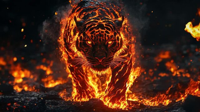 Fiery Tiger Seamless Loop Background with Flames and Embers