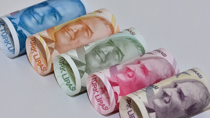 banknotes of various countries. turkish lira photos.
