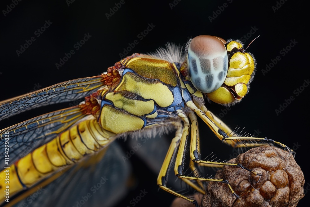 Poster a close-up view of a dragonfly's head and wings, ideal for use in nature-themed projects or as a sym