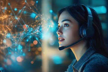 Young woman in headset engaged in technology, exploring digital network connections and innovations with a focused expression in a modern environment.