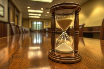 Close-up of a classic hourglass on a polished wooden conference table in an office setting, symbolizing time management and the passing of time during meetings