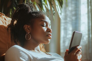 Young woman relaxing at home with a smartphone, enjoying peaceful moments in a cozy atmosphere filled with natural light and greenery around her