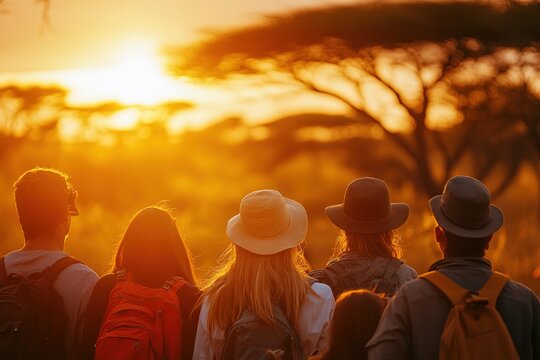 Silhouettes of travelers enjoying breathtaking sunset over savan
