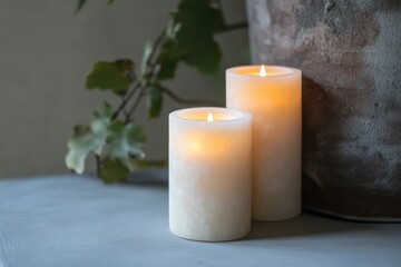Soft Glow of Burning Candles on a Minimalist Surface Surrounded by Nature Elements, Warm Lighting Creating a Serene and Peaceful Atmosphere for Relaxation or Meditation