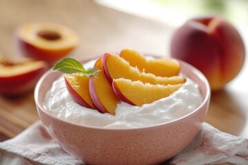 Creamy Yogurt Bowl with Fresh Peach Slices on a Wooden Table Surrounded by Cut Peaches and a Mint Leaf for a Healthy Breakfast or Snack Option