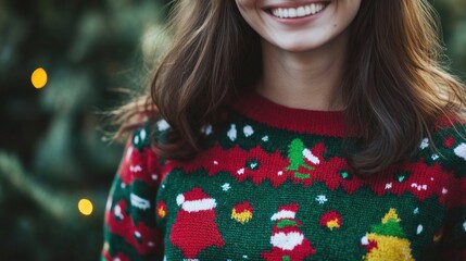 A woman smiling while wearing a festive Christmas sweater
