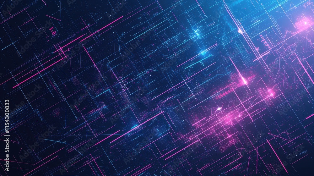 Poster abstract digital background with vibrant lines and glowing particles.