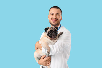 Male veterinarian with pug dog on blue background