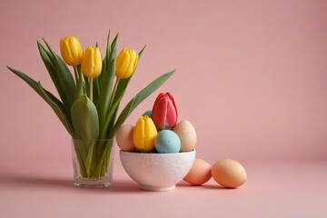 there are a vase of flowers and eggs in a bowl