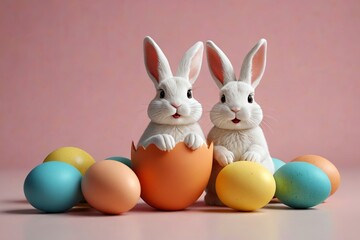there are two white rabbits sitting in an egg shell with colored eggs