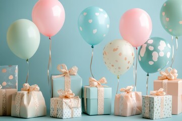 Colorful Balloons and Gift Boxes on a Bright Blue Background for a Festive Celebration or Birthday Party with a Cheerful Atmosphere