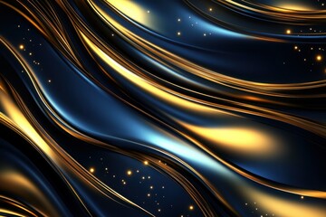 Smooth Elegant Waves of Blue and Gold in a Luxurious Abstract Design with a Shimmering Surface and Glittering Stars Enhancing the Visual Appeal and Depth