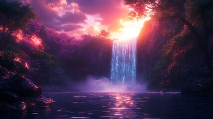 Magical sunset waterfall cascading into serene pool, vibrant purple flora.