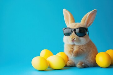 Cute Bunny Wearing Sunglasses Surrounded by Yellow Easter Eggs, Perfect for Spring Celebrations, Family Gatherings, or Festive Marketing Campaigns
