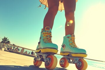 Vibrant Roller Skates by the Beach Under Bright Sunlight with Glowing Wheels and Playful Atmosphere, Perfect for Summertime Fun and Recreation Activities