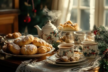 Warm holiday gathering with pastries and tea on a cozy winter morning at home