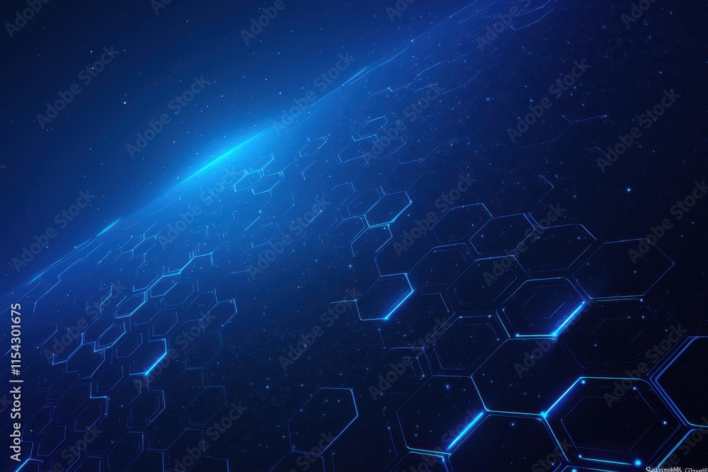 Poster futuristic abstract design featuring hexagonal patterns and glowing elements.
