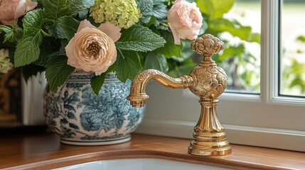 Ornate gold faucet and floral arrangement.