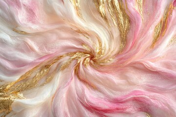 Swirling Abstract Fabric Design with Pink, White, and Gold Accents for Textile, Wallpaper, and Background Use, Capturing Elegance and Softness in Motion