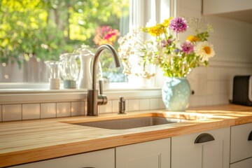 Bright and Inviting Kitchen with Wooden Sink and Fresh Flower Vase in Soft Morning Light Creating a Warm and Harmonious Atmosphere for Family Living