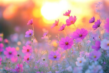 Beautiful Pink Cosmos Flowers in Bloom Against a Vibrant Sunset Background, Creating a Peaceful and Serene Atmosphere in Nature