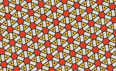 Repeating Geometric Pattern with Red Hexagons and Yellow Triangles