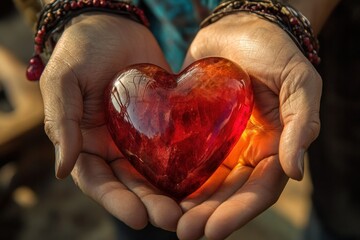 Hands Gently Holding a Shining Red Heart-Shaped Stone Symbolizing Love, Emotion, and Connection in a Natural and Warm Environment