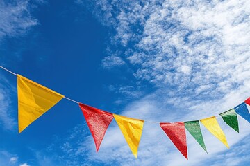 Colorful Triangle Flags Fluttering Against a Bright Blue Sky with Fluffy Clouds, Perfect for Celebrations, Parties, and Festive Occasions