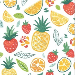 Vibrant tropical fruit pattern featuring pineapples, strawberries, and citrus fruits in a playful arrangement. Generative AI