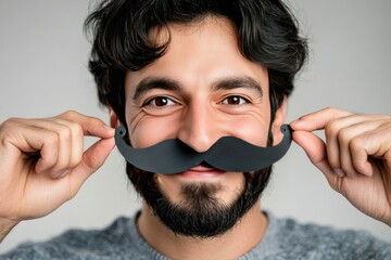 Cheerful young man holding a playful fake mustache, smiling brightly and showcasing his sense of humor against a neutral background in a fun studio setting