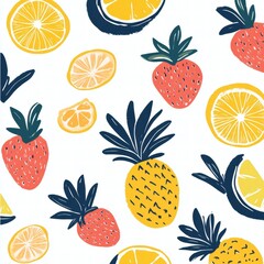 Vibrant tropical fruits pattern featuring strawberries, lemons, and pineapples ideal for summer decor and design projects. Generative AI