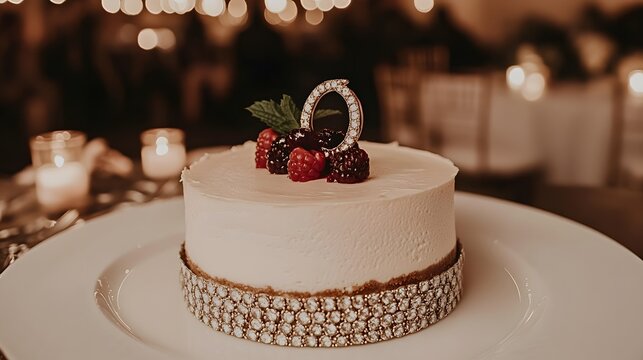 Elegant mini cheesecake adorned with fresh berries and a diamond-encrusted 'O' topper.  Soft lighting and blurred background create a romantic ambiance. Perfect for a wedding or special event.