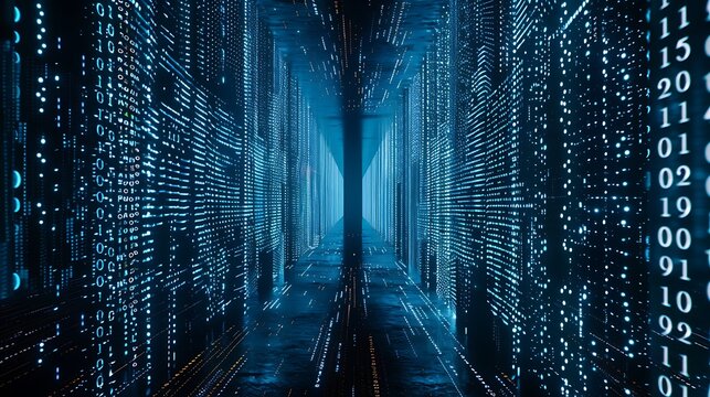 Blue digital tunnel with binary code.