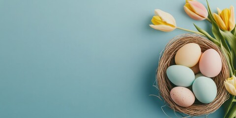 A charming Easter scene featuring a cozy nest of pastel eggs and cheerful tulips on a soft blue background, symbolizing new beginnings and springs joy for family celebrations and decorations