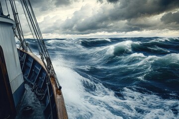 A view of the ocean from the deck of a ship, perfect for travel or nautical-themed projects