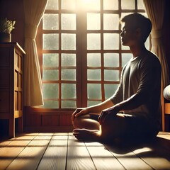 A person sitting alone in a peaceful, dimly lit room, practicing deep breathing to manage stress and anxiety
